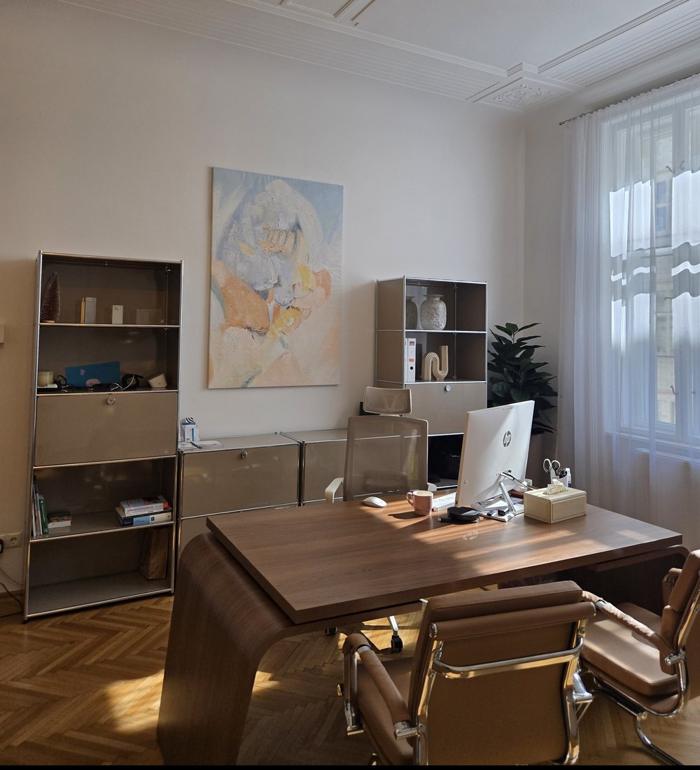 Behandlungszimmer mit Schreibtisch und Regalen